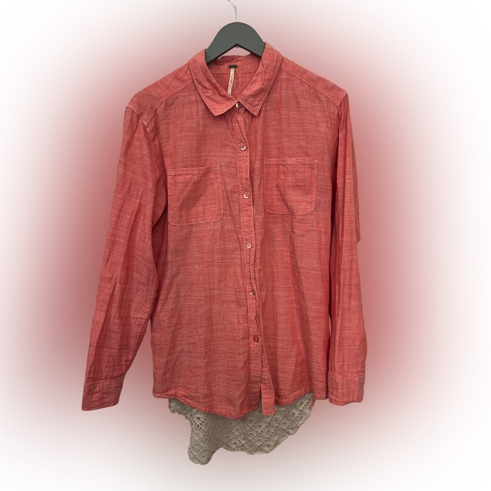 Free People Coral Crochet-Back Button-Up Blouse Size S FLAW